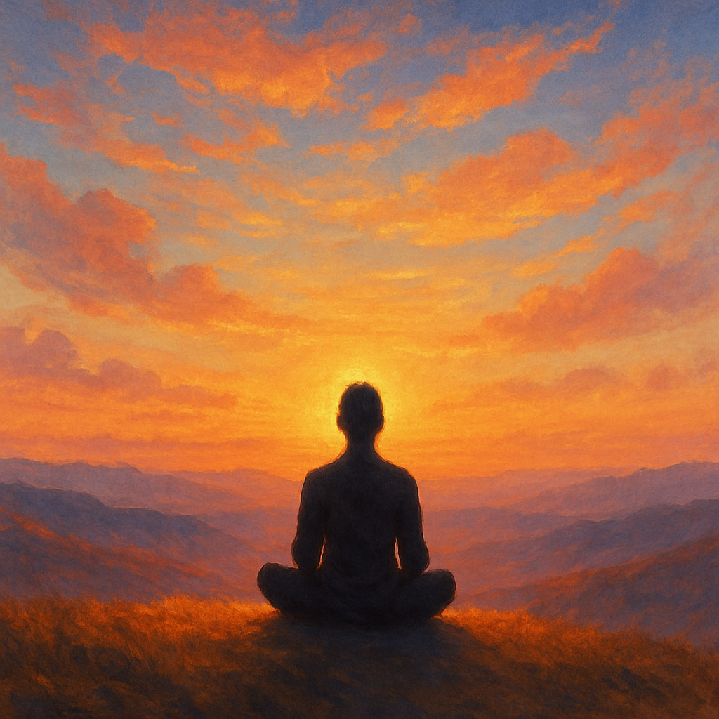 Meditation at sunrise on a hill artwork