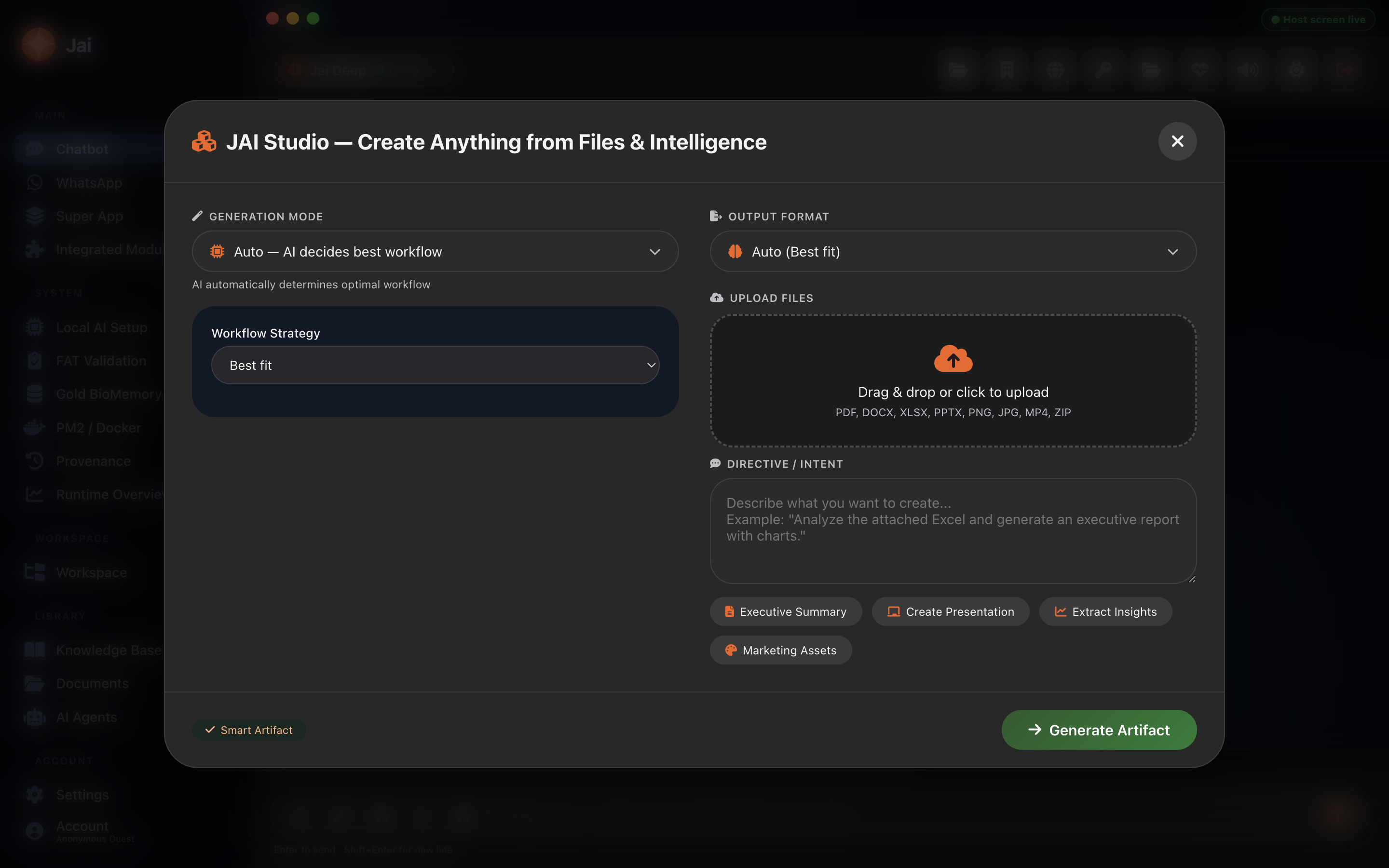 JAI Studio showing governed artifact generation options